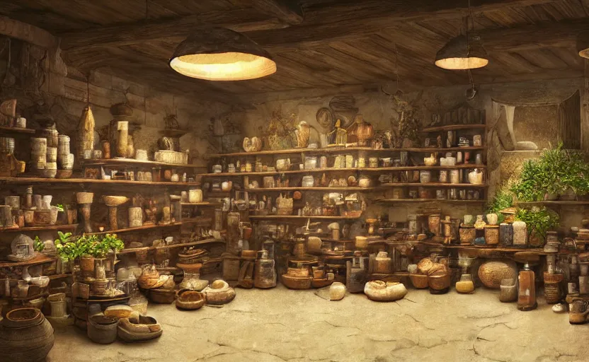 Prompt: an herbalist shop a wood counter and cabinets in the center, simple adobe wall,, simple wood shelves, lots of jars and boxes of herbs, torch lit warm dark fantasy matte painting in the style of ruan jia and craig mullins