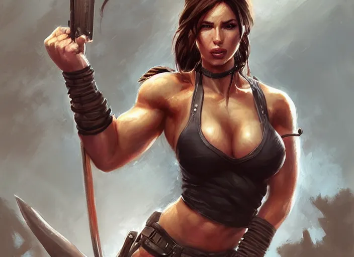 Prompt: portrait of lara croft as a beautiful female bodybuilder demon with plump lips, elegant, fantasy, hd shot, digital portrait, beautiful, artstation, comic style, by artgerm, guy denning, jakub rozalski, magali villeneuve and charlie bowater