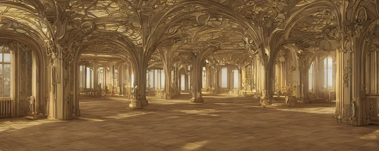 Prompt: art nouveau, interior, big open floor, 3 d v - ray photo realistic, ambient aclution, 8 k
