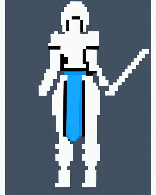 Prompt: a pixel single sprite of a girl holding a blue sword, in white futuristic armor, black background, pixel art, isometric view, 1 6 px x 1 6 px, 2 d game art, 1 6 bit, dynamic pose, # pixelart