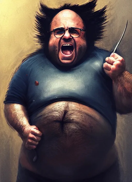 Image similar to Portrait of Fat Danny Devito with his belly sticking out as The Wolverine (2013), Hes screaming at the rain in the middle of the night road, realistic, detailed, 4k by Greg Rutkowski Mark Arian trending on artstation