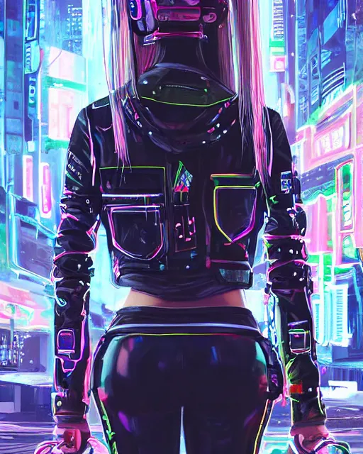 Prompt: detailed portrait neon guard girl with long straight blonde hair seen from the back, cyberpunk futuristic, reflective puffer jacket, black leggings, decorated with traditional ornaments in front of a dystopian crowd with piles of garbage, perfect face, fine details, realistic shaded, fine - face, pretty face by rossdraws