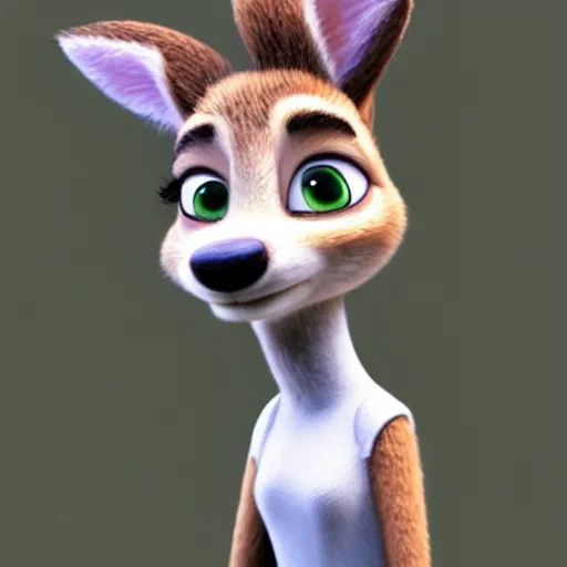 Image similar to portrait, 3 d render, tall little fat, anthropomorphic female deer, wearing along white dress, in the style of zootopia,