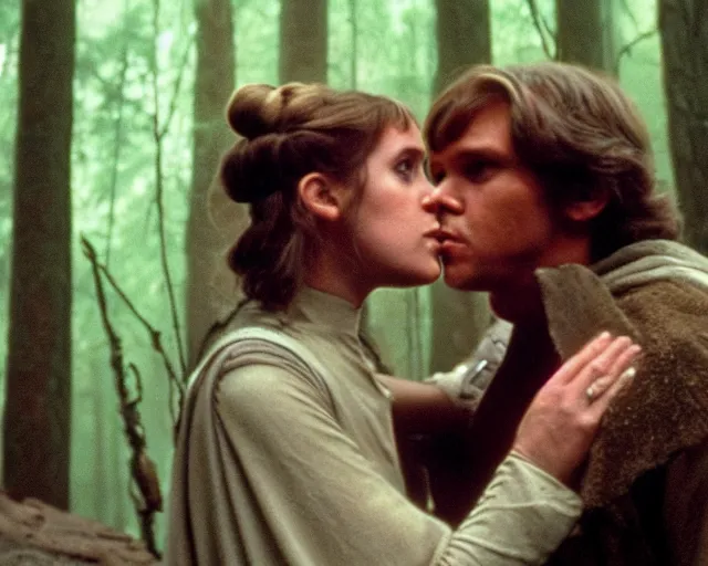 Image similar to luke skywalker, princess leia and han solo hugging and kissing in the forest of endor at the end of return of the jedi