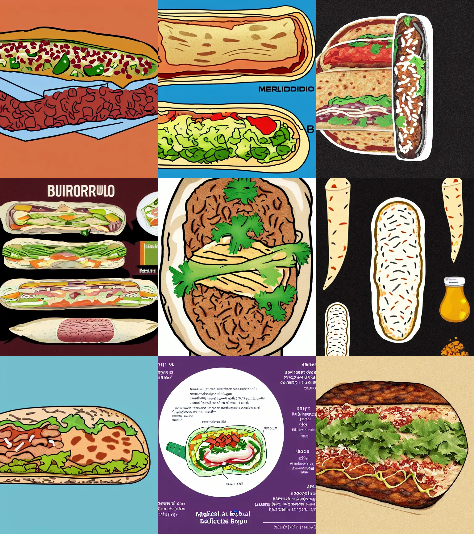 Prompt: medical illustration of a burrito, scientific cross - section