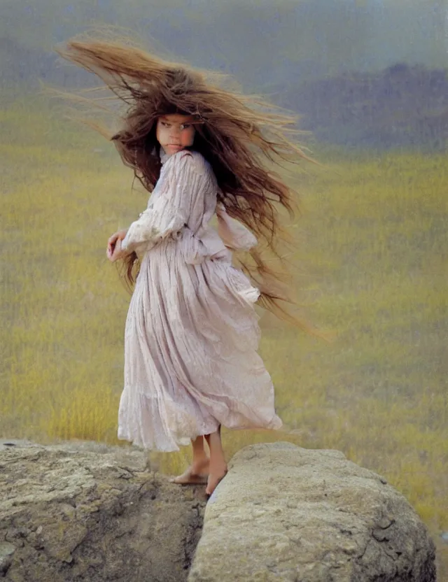 Prompt: peasant barefoot girl with long blowing windy hair standing hands up on the edge of rock, cottage core, cinematic focus, polaroid photo bleached vintage pastel colors high - key lighting, soft lights, foggy, by steve hanks, by lisa yuskavage, by serov valentin, by tarkovsky, 8 k render, detailed, oil on canvas