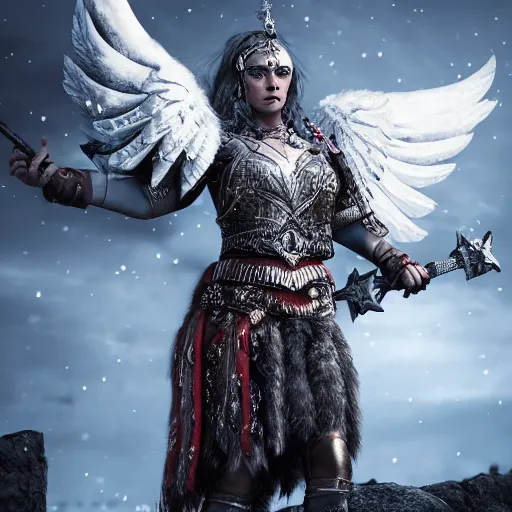 Prompt: realistic octane render of scandinavian valkyrie with strong face in armour insanely ornamented with north decorations, incredible detailed, octane render, dark mysterious atmosphere with ice and fire on the background,