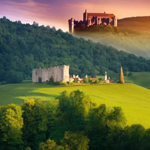 Image similar to Vast verdant valley surrounded by Transylvanian mountains, with a large zeppelin hovering in the foreground, and a ruined medieval castle on the hillside in the background. Late evening light, gloomy weather. Hyperrealistic, high quality, sharp, photography.