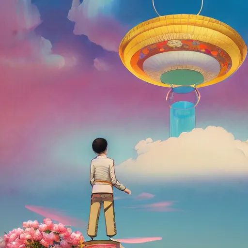 Image similar to a man walking on clouds above kyoto by takashi murakami, beeple and james jean, aya takano color style, 4 k, super detailed