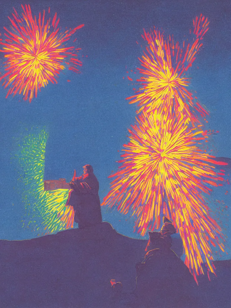 Prompt: a vibrant ultraclear closeup portrait of a man tasting neon fireworks and blotter papers of lsd acid, dreaming psychedelic hallucinations in the vast icy landscape of antarctica, by steven outram, kawase hasui, moebius, colorful flat surreal design, hd, 3 2 k