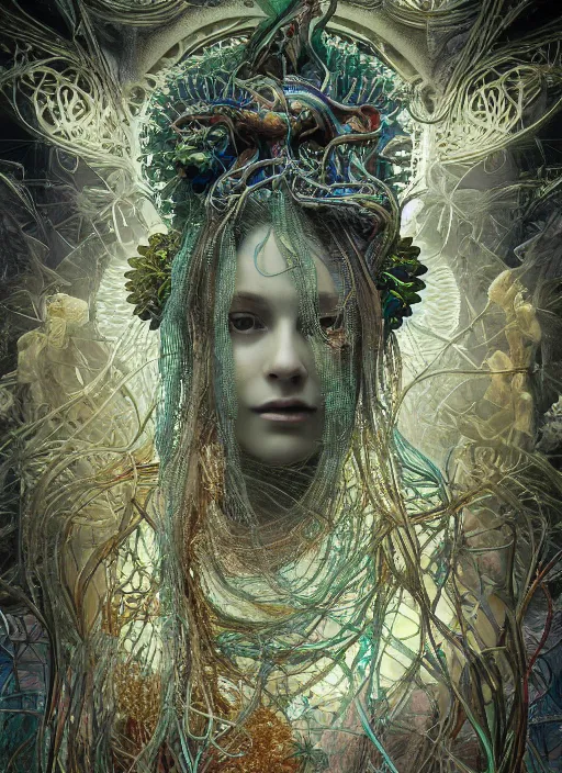 Prompt: highly detailed surreal vfx avante garde portrait of a 3 d light temple, polyphonic bio - communications, arcane ritual, entangled vibrating, electricity, ultra detailed, ornate, hyperrealistic, octane render, chiaroscuro, inspired by carne griffiths & james jean & android jones & william morris & ernst haeckel & alphonse mucha, unreal engine