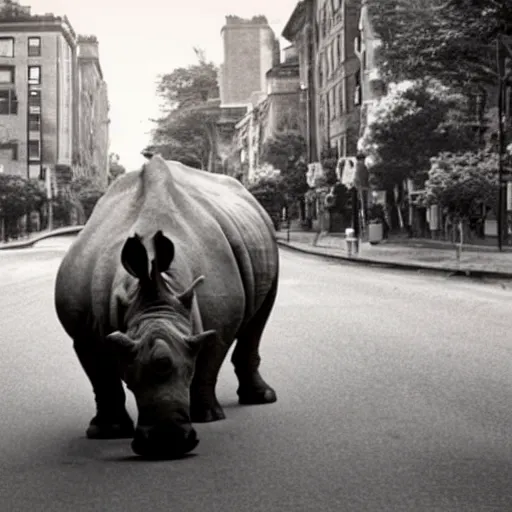 Prompt: photograph of a rhinoceros running down a street