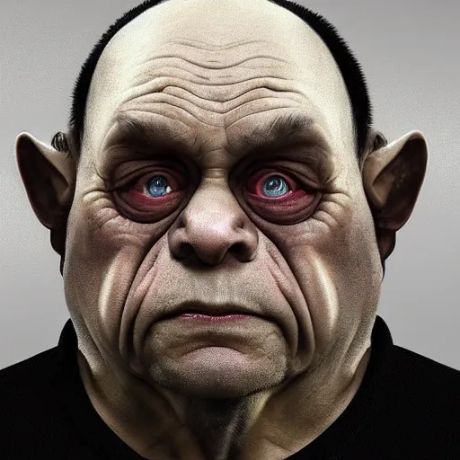 Image similar to hyperrealistic mixed media high resolution painting of Danny DeVito disguised as Gollum skulking in a dark cave, stunning 3d render inspired art by Jamie Salmon and István Sándorfi and Unreal Engine and Greg Rutkowski, perfect facial symmetry, dim volumetric lighting, 8k octane beautifully detailed render, full body shot, post-processing, extremely hyper-detailed, intricate, epic composition, highly detailed attributes, highly detailed atmosphere, cinematic lighting, masterpiece, trending on artstation, very very detailed, masterpiece, stunning, flawless completion, lifelike texture, perfection,