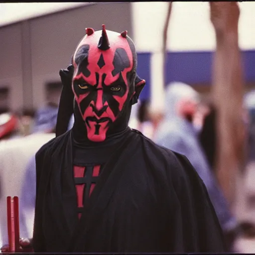 Image similar to darth maul waiting in line at a walmart in the early 1 9 9 0 s, polaroid picture