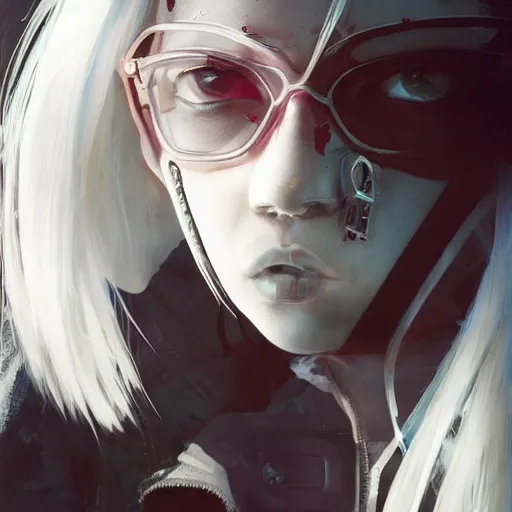 Image similar to very cool girl white hair girl with mask, streetwear, techwear, cyberpunk style outfit, full body, nose piercing, detailed portrait, intricate complexity, by greg rutkowski, cushart krentz, artgerm, ross tran, conrad roset, takato yomamoto, ilya kuvshinov. 4 k, beautiful, cinematic dramatic atmosphere, portrait lighting