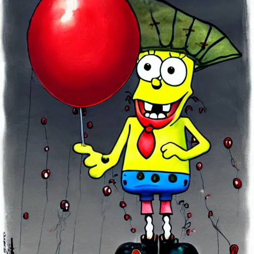 Image similar to grunge painting of spongebob with a wide smile and a red balloon by chris leib, loony toons style, pennywise style, corpse bride style, horror theme, detailed, elegant, intricate