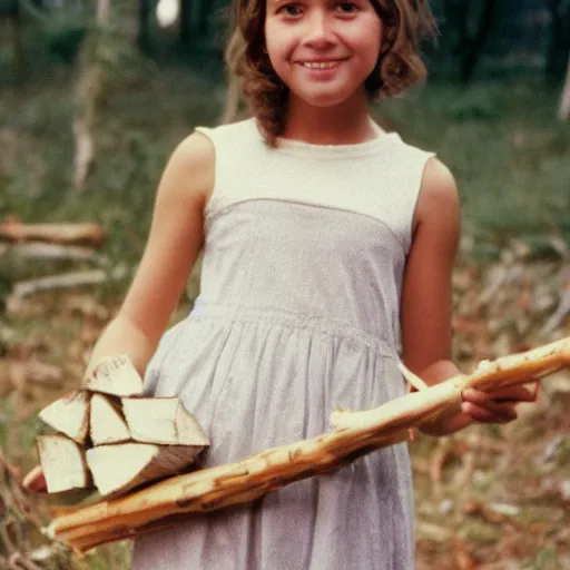 Image similar to a young girl with short brown hair wearing a white dress and holding a bundle of firewood, high resolution film still