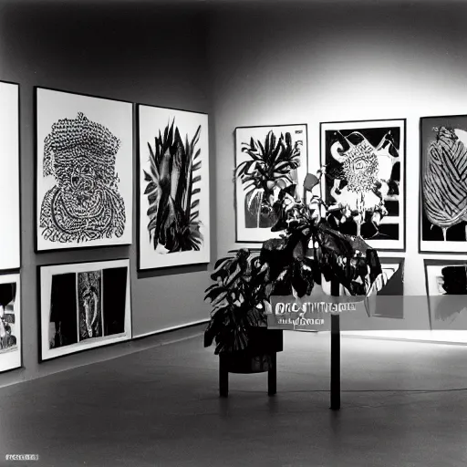 Image similar to A black and white photography of an exhibition space with works of Sun Ra, Marcel Duchamp and tropical plants, 60s, offset lithography print