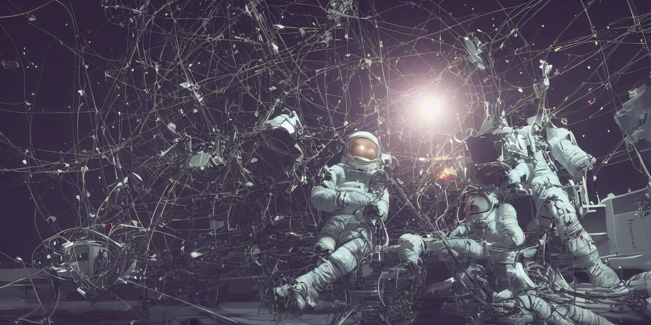 Image similar to astronaut entangled by a lot of cables, connected to a supercomputer designed by Dieter Rams, cinematic lighting, haze, octane render, lens flare