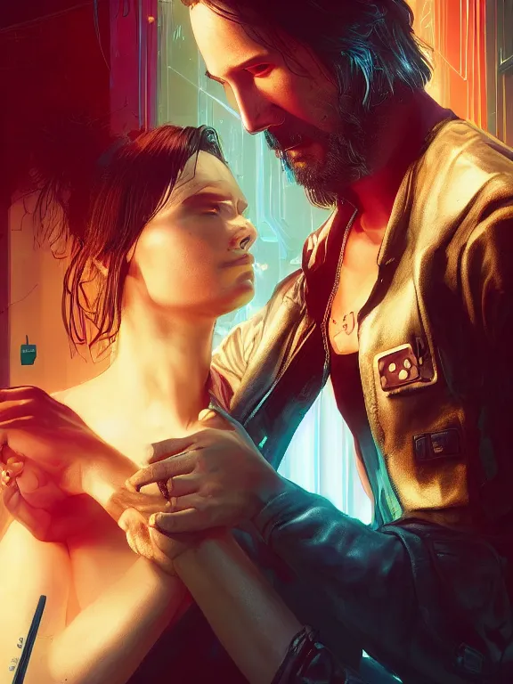 Image similar to a cyberpunk 2077 couple portrait of Keanu Reeves and V in love story,film lighting,by laurie greasley,Lawrence Alma-Tadema,William Morris,Dan Mumford,trending on atrstation,full of color,Digital painting,face enhance,highly detailed,8K, octane,golden ratio,cinematic lighting