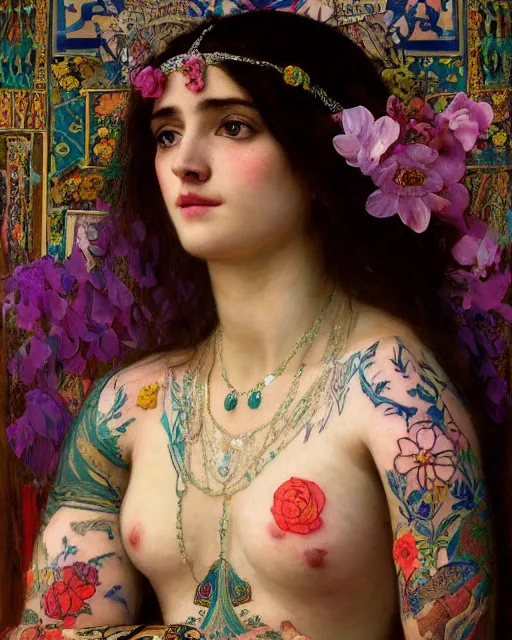 Image similar to a beautiful girl in a wedding dress with colourful tattoos surrounded by colourful flowers orientalist intricate portrait by john william waterhouse and edwin longsden long and theodore ralli and nasreddine dinet, oil on canvas. cinematic, hyper realism, dramatic lighting, high detail 8 k