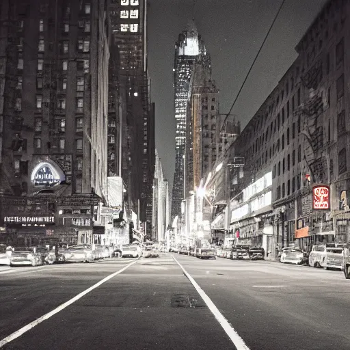 Image similar to color photograph, highly detailed abandoned New York city street at night after the war between humans and AIs, film grain, soft vignette, sigma 85mm f/1.4 1/10 sec shutter, film still promotional image, IMAX 70mm footage