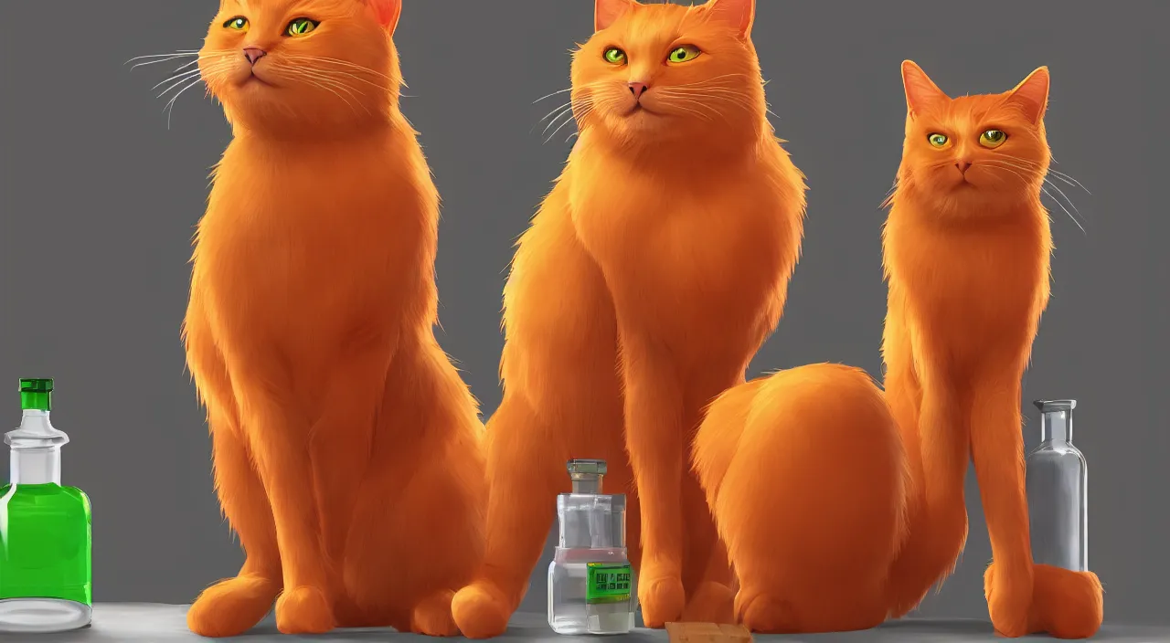 Prompt: a cat standing next to a bottle of medicine. orange cat. animal. digital art. artstation. close up.