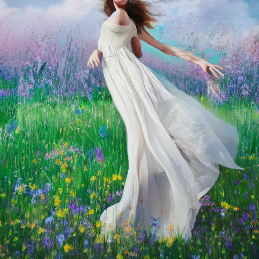 Prompt: a vogue model in a field of flowers, big draping dress, windy, oil painting, pale colors, high detail, 8 k, wide angle, trending on artstation,