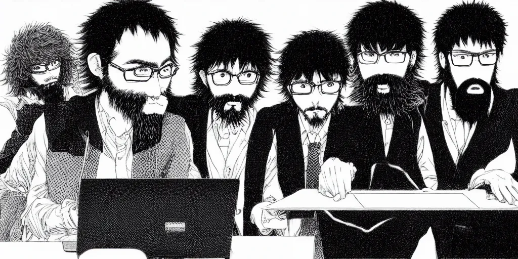 Image similar to programmer, man with beard, computer, by hisashi eguchi, kentaro miura, and yoshitaka amano, futuristic, 8 k