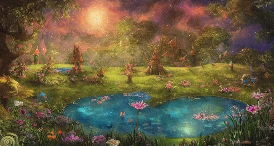 Image similar to a whimsical fairyland with a pond, starry sky, ambient lighting, fantasy art, fennando amorsolo style art