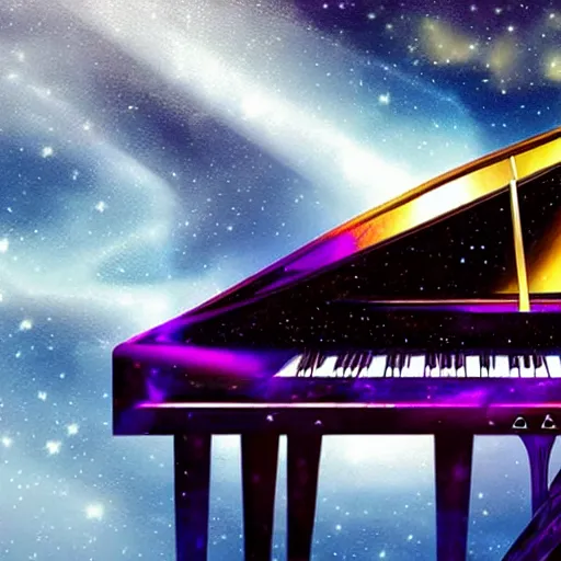 Image similar to a piano with an open wing, a galaxy inside the wing, cinematic, bright, in the style of charlie bowater