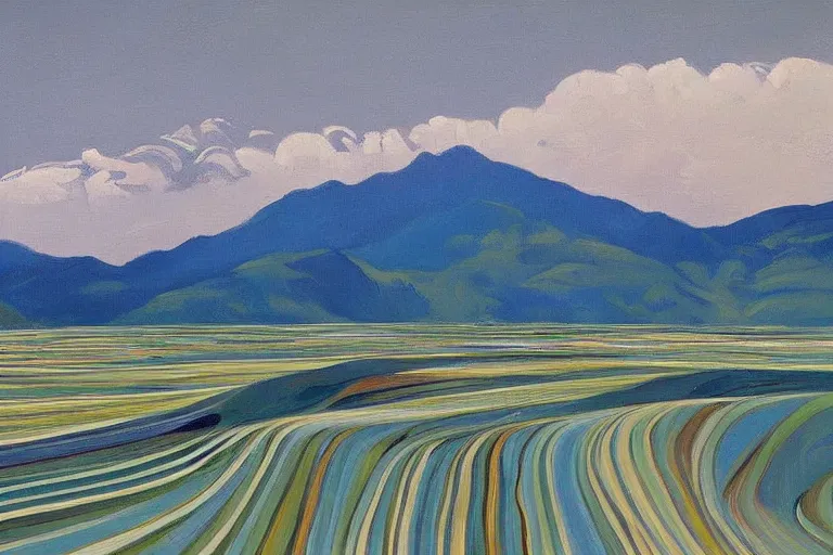 Image similar to Landscape painting. Wild energy patterns rippling in all directions. Curves, zig-zags. Organic. Mountains. Clouds. Vegetation. Rushing water. Waves. LSD. Wayne Thiebaud