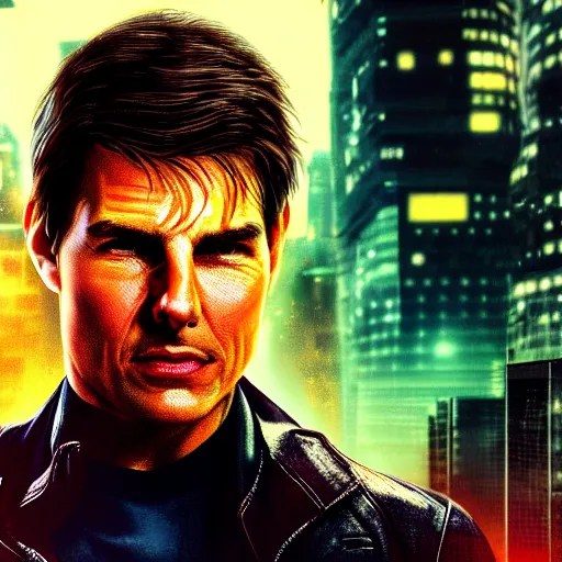 Prompt: Tom Cruise in a cyberpunk city, photorealistic, HDR, 4k, wallpaper, epic, Cinematic, ray-traced