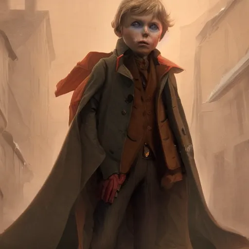 Prompt: A little boy wearing a trech coat looking dow , Graceful body structure,cute,Symmetrical face,highly detailed,elegant,Marc Simonetti and Caspar David Friedrich, Trending on artstation depicted as a action movie poster