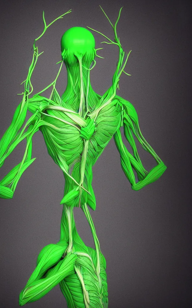 Image similar to intricated scientific medical 3d animation of the muscles and veins of a bat with a heart in their hands photography 3d octane plastic render green chroma key