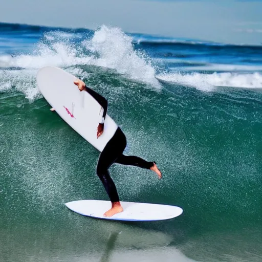 Image similar to a surfer using a snowboard to surf a wave, action photo