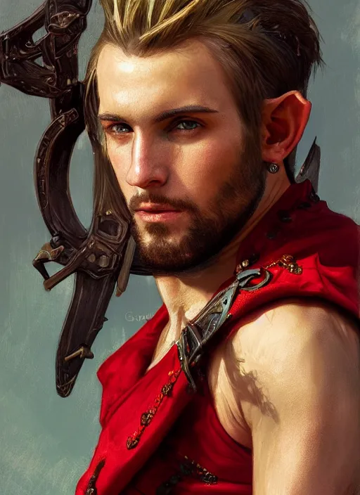Prompt: medium-length portrait of a male half-elf dashing swashbuckler with a mohawk and brown eyes, fair skin, cocky expression, wears a fancy bright red pirate coat with no undershirt, medieval setting, highly detailed, digital painting, artstation, concept art, sharp focus, illustration, art by greg rutkowski and alphonse mucha