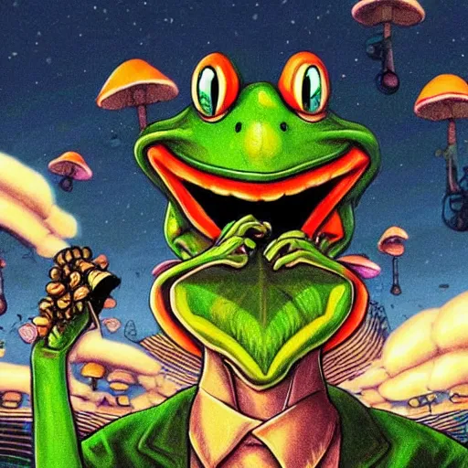 Prompt: A close up portrait of a dignified psychedelic godlike anthropomorphic frog smoking an anime blunt , magic mushroom village in background . award winning. superb resolution. in the art style of junji Ito and greg rutkowski . Detailed Mushroom city in background. Hyper realistic anime. Perfect art. Dalle2