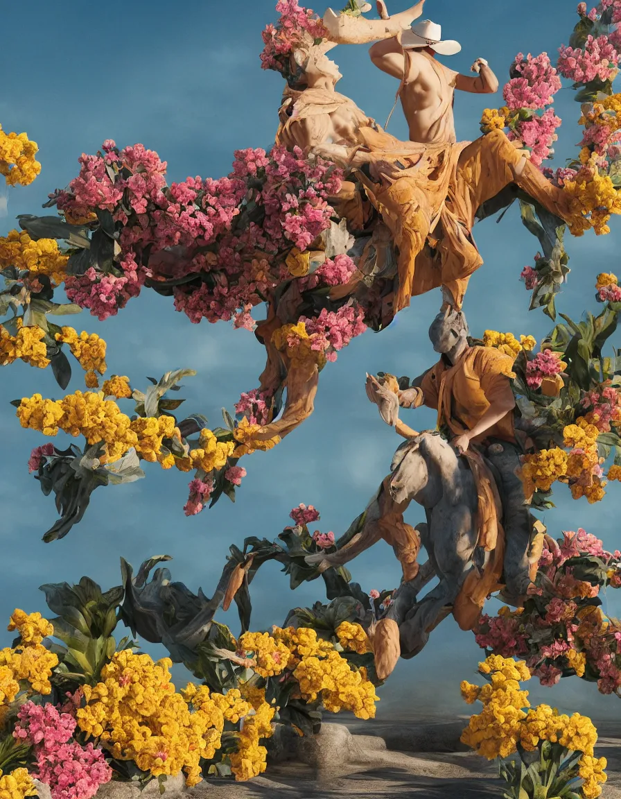 Image similar to a cowboy turning into blooms. tropical sea slugs, tractor tires. complementary colors. national geographic. 8 k, rendered in octane, smooth gradients. sculpture by antonio canova