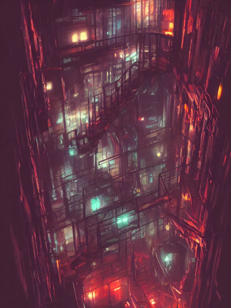 Image similar to look down a cellar staircase, neon lights, cyberpunk style, digital painting, concept art, smooth, sharp focus, hyperrealistic, illustration, artstation trending