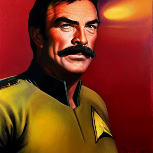 Image similar to ultra realistic portrait painting of tom selleck as captain kirk, art by frank frazetta, 4 k, ultra realistic, highly detailed, epic lighting