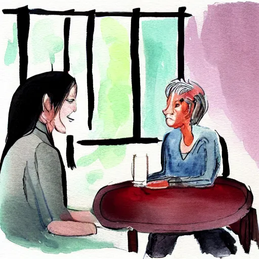 Prompt: a psychotherapist meets a client in his practice and helps her through a very difficult time for her, stylized watercolour