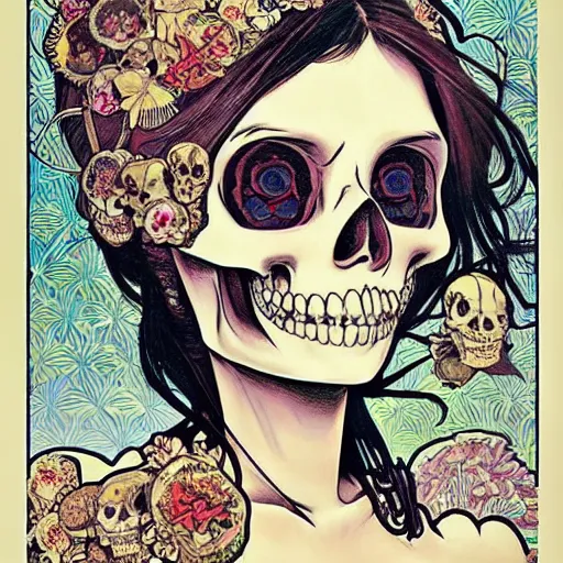 Image similar to manga skull portrait girl female skeleton realism hyperrealistic art Geof Darrow and will cotton alphonse mucha pop art kawaii