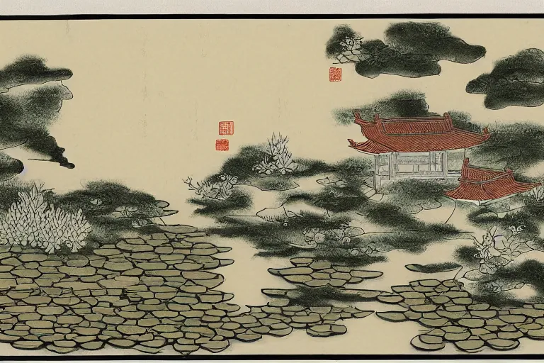 Image similar to a small wood house with lotus relief, in a serene landscape, waterlily pond, chinese ink painting, white color scheme