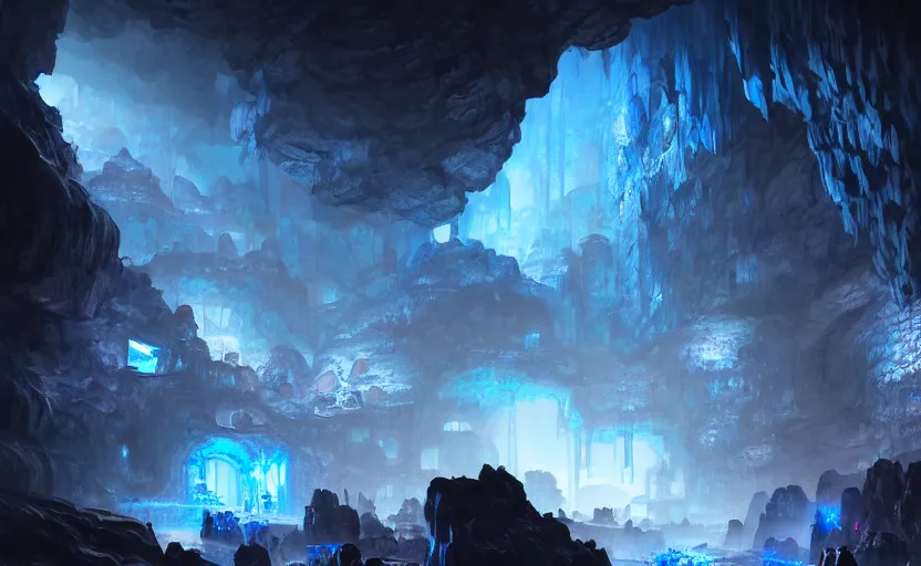 Image similar to factory in a giant dark cave, black rocks cave, detailed cave stones, deep cave, dramatic light, blue crystals, hyper detailed, realistic, intricate, concept art by frank hong, mate painting, artstation