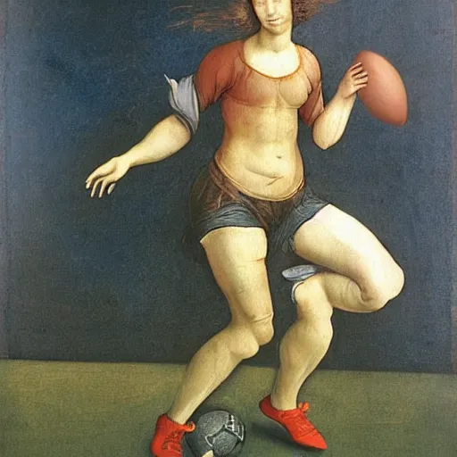 Image similar to Olivia Newton-John playing football by Leonardo da Vinci