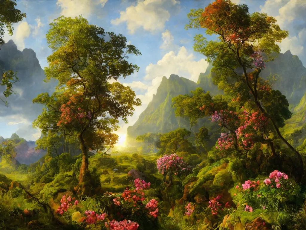 Image similar to kauai in springtime valley vista, sunlight study, by jan davidsz de heem!! and ( ( ( ( ( lisa frank ) ) ) ) ), oil - painting, 3 d render, art nouveau, 8 k, extreme detail, sharp focus, octane render