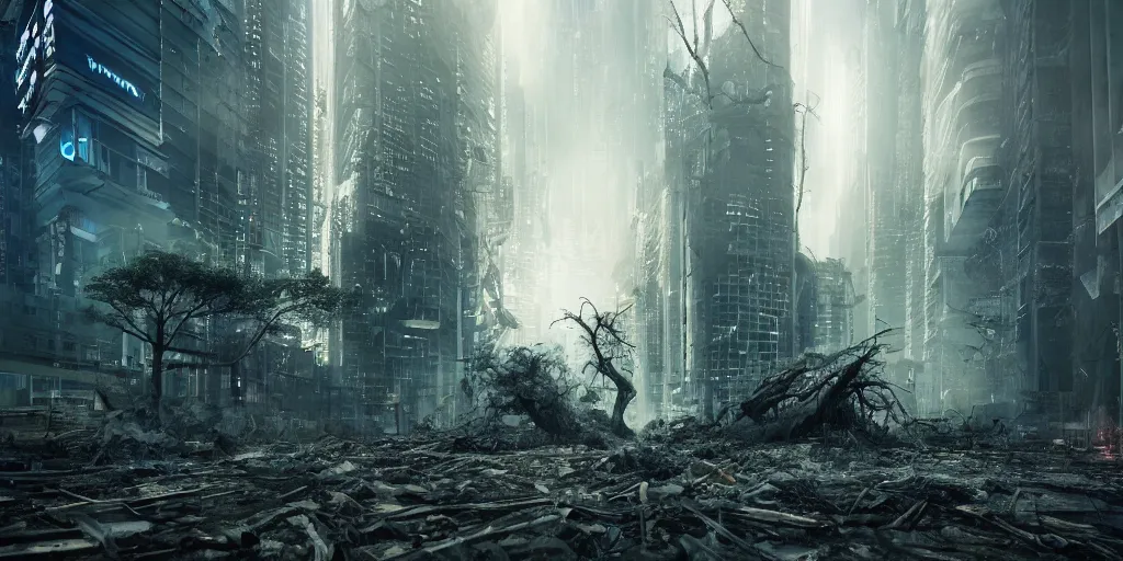 Image similar to a terrifying tree destroying a dystopian city, cyberpunk, sharp focus, dynamic lights, still, photograph, hyper realistic, masterpiece, octane render, rendered, 3 d, cinematic, cinematic lighting, dramatic lighting, highly detailed, intricate details, texture, cinematic composition, wide shot, by donglu yu and kevin jick and eddie del rio