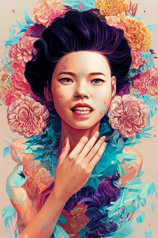 Prompt: a smiling cute woman beautiful skin and wavy hair, tristan eaton, victo ngai, artgerm, rhads, ross draws