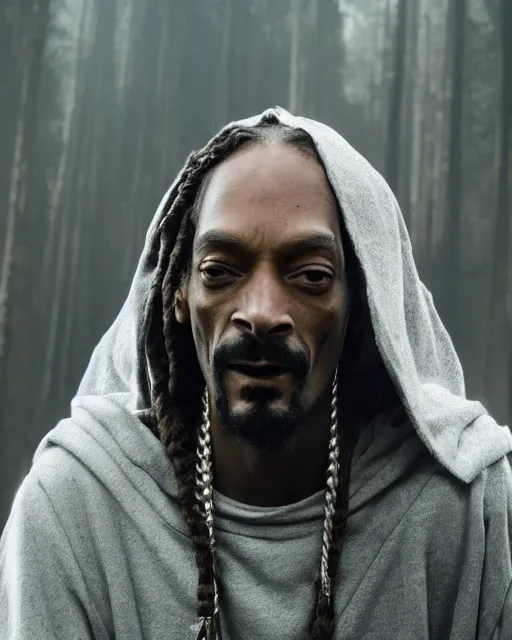 Image similar to Snoop Dogg in the role of Gandalf the Grey in the gray hood speaks to Frodo, film still, amazing short, 8K, IMAX, ultra detailed